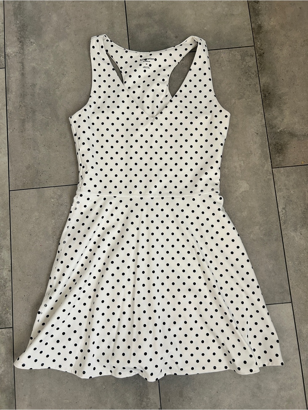 Reformation Bella EcoMove Active Dress in white and black polka dots M
